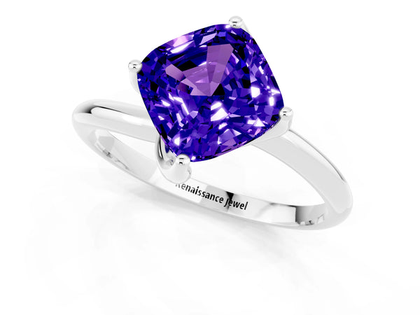 White gold Cushion Cut Tanzanite Solitaire Engagement Ring with Four-Prong Setting and Classic Band