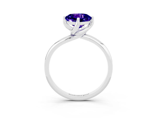 Platinum Cushion Cut Tanzanite Solitaire Engagement Ring with Four-Prong Setting and Classic Band