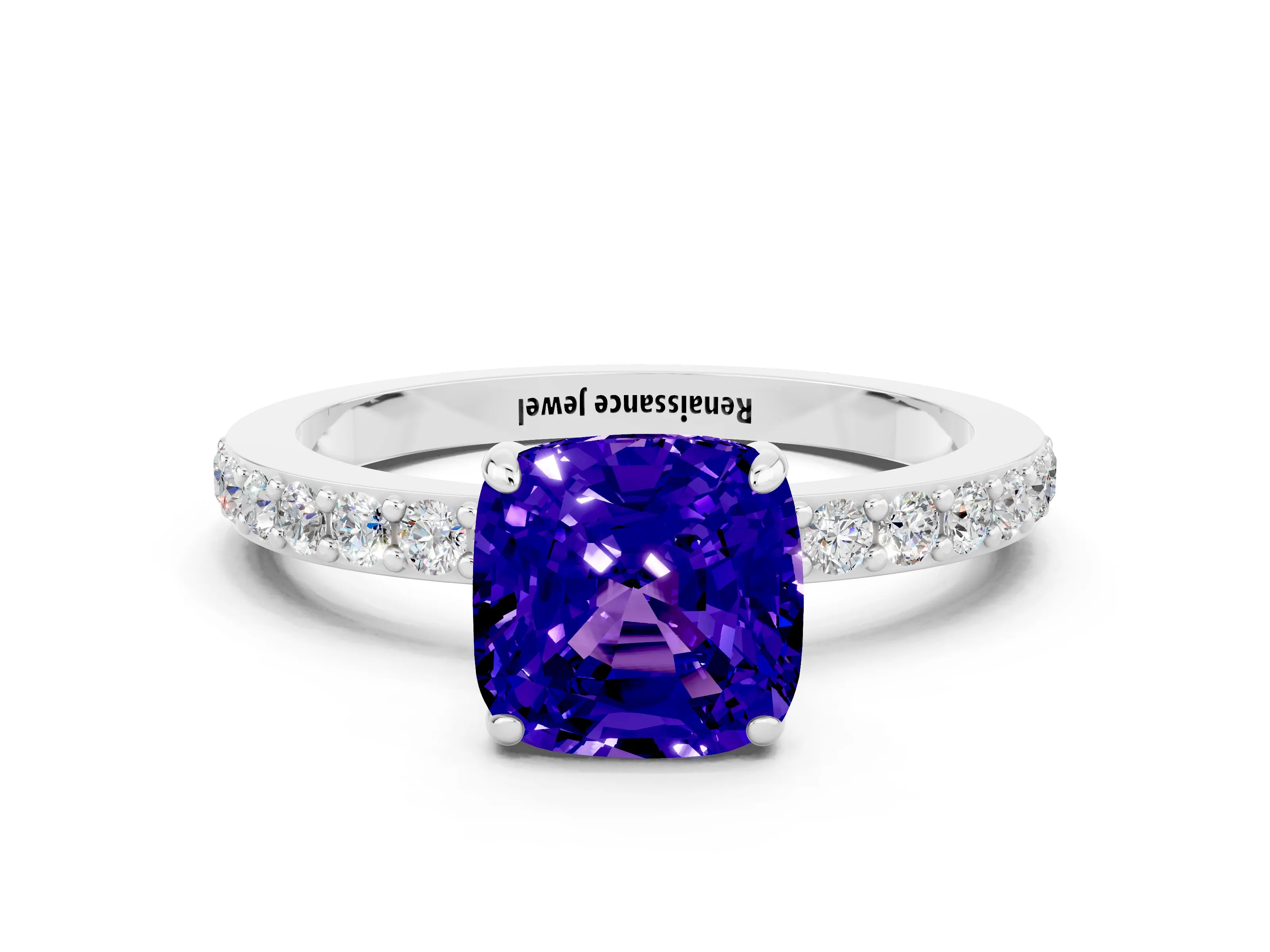 White gold Cushion Cut Tanzanite Solitaire Engagement Ring with Pavé Band and Four-Prong Setting