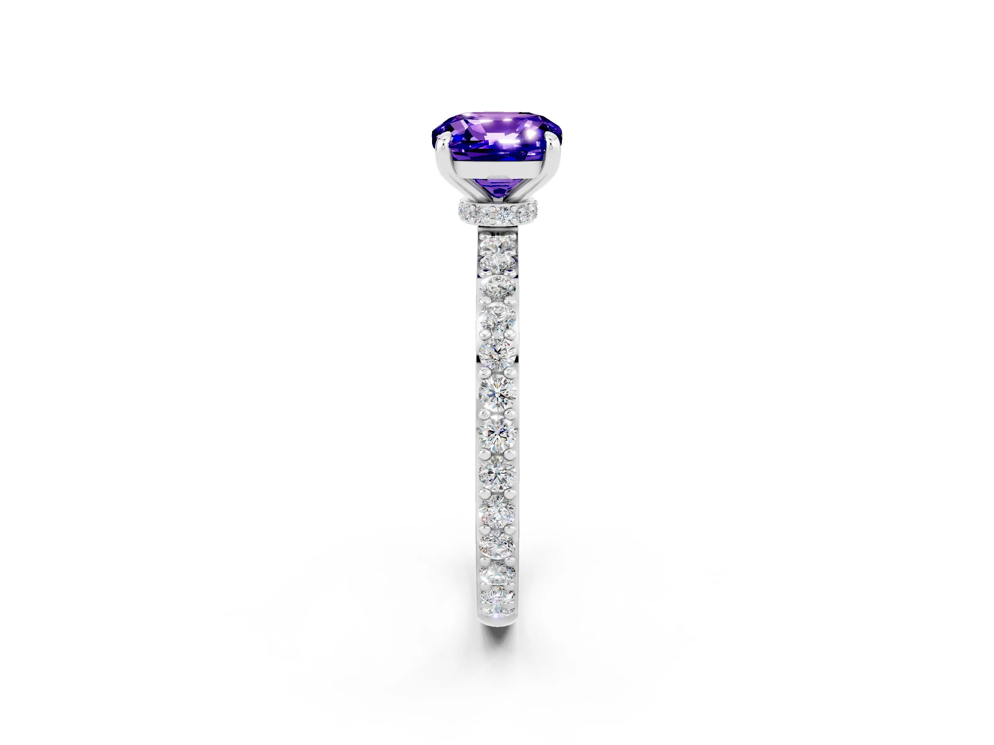White gold Cushion Cut Tanzanite Solitaire Engagement Ring with Pavé Band and Four-Prong Setting_2