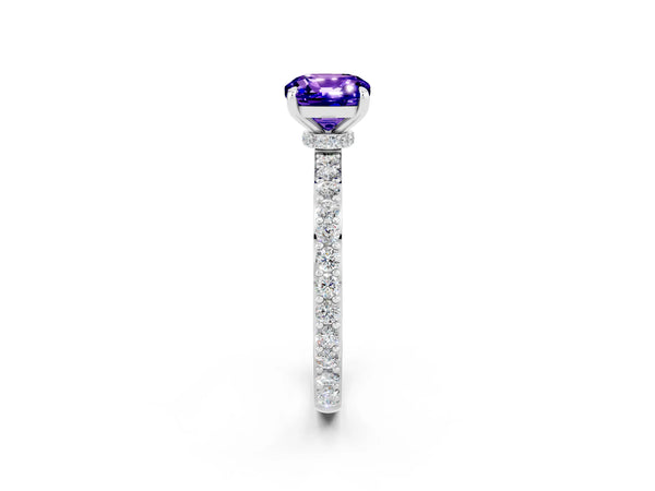 Silver Cushion Cut Tanzanite Solitaire Engagement Ring with Pavé Band and Four-Prong Setting