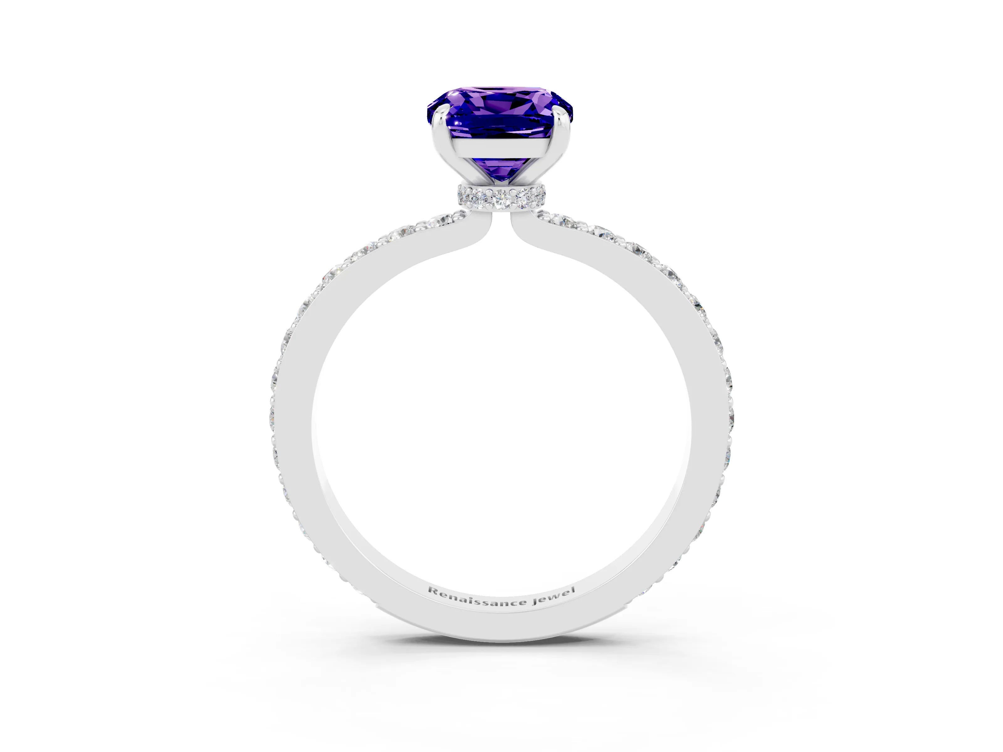 White gold Cushion Cut Tanzanite Solitaire Engagement Ring with Pavé Band and Four-Prong Setting_3