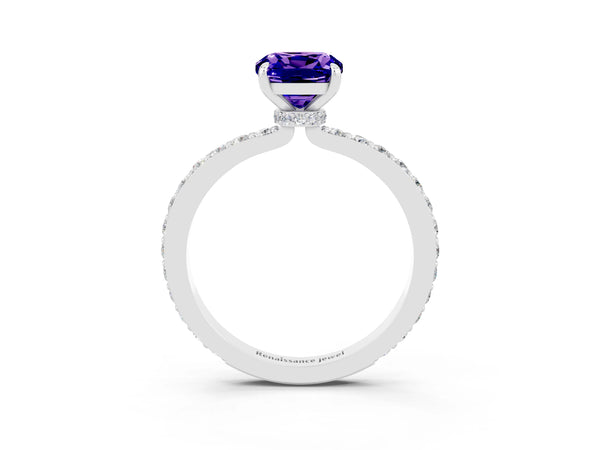 Silver Cushion Cut Tanzanite Solitaire Engagement Ring with Pavé Band and Four-Prong Setting