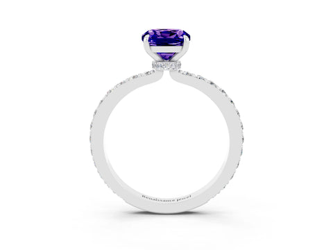 White gold Cushion Cut Tanzanite Solitaire Engagement Ring with Pavé Band and Four-Prong Setting_3