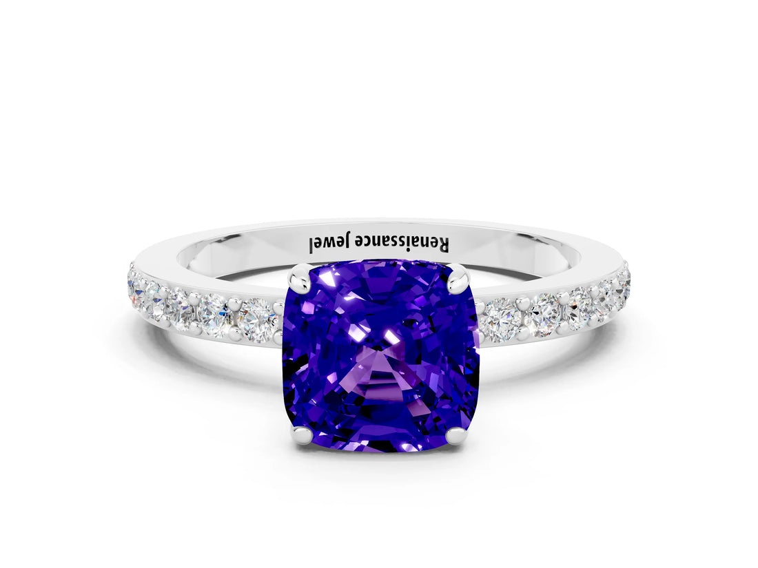 White gold Cushion Cut Tanzanite Solitaire Engagement Ring with Pavé Band and Four-Prong Setting