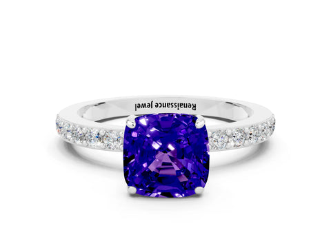 White gold Cushion Cut Tanzanite Solitaire Engagement Ring with Pavé Band and Four-Prong Setting