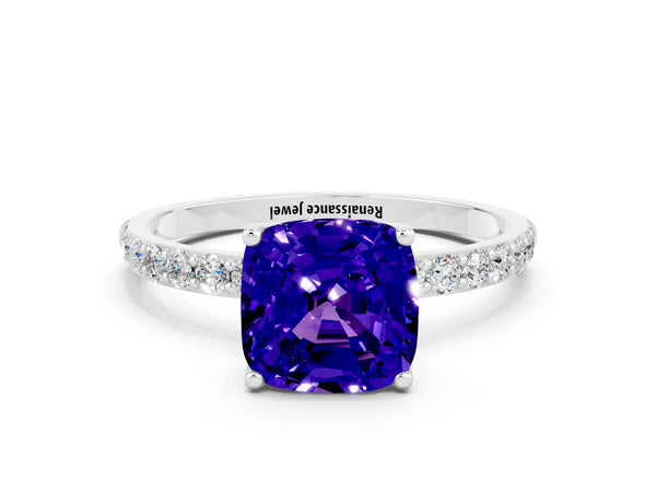 Platinum Cushion Cut Tanzanite Solitaire Engagement Ring with Round  Pavé Band and Prong Setting