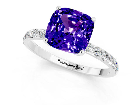 White gold Cushion Cut Tanzanite Solitaire Engagement Ring with Pavé Band and Prong Setting_1
