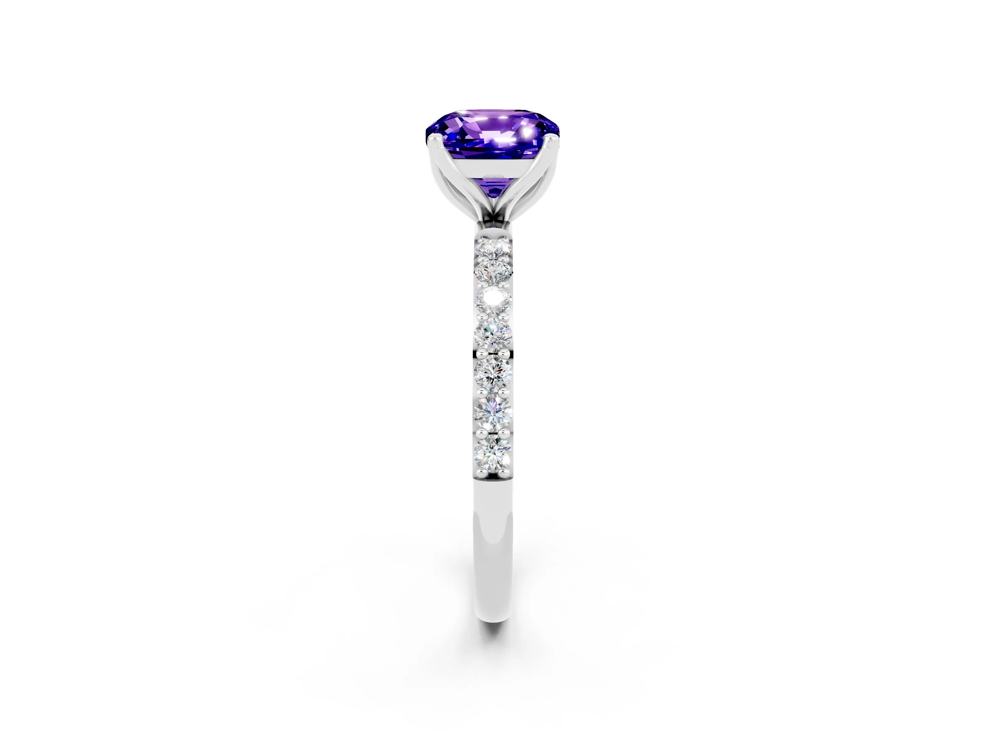 White gold Cushion Cut Tanzanite Solitaire Engagement Ring with Pavé Band and Prong Setting_2