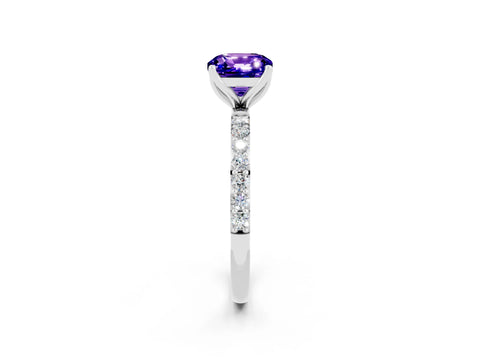 White gold Cushion Cut Tanzanite Solitaire Engagement Ring with Pavé Band and Prong Setting_2