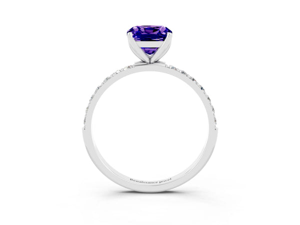 Platinum Cushion Cut Tanzanite Solitaire Engagement Ring with Round  Pavé Band and Prong Setting