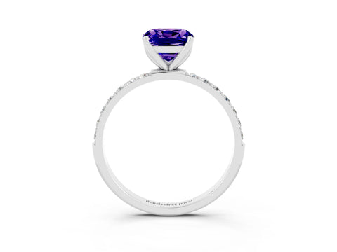 White gold Cushion Cut Tanzanite Solitaire Engagement Ring with Pavé Band and Prong Setting_3