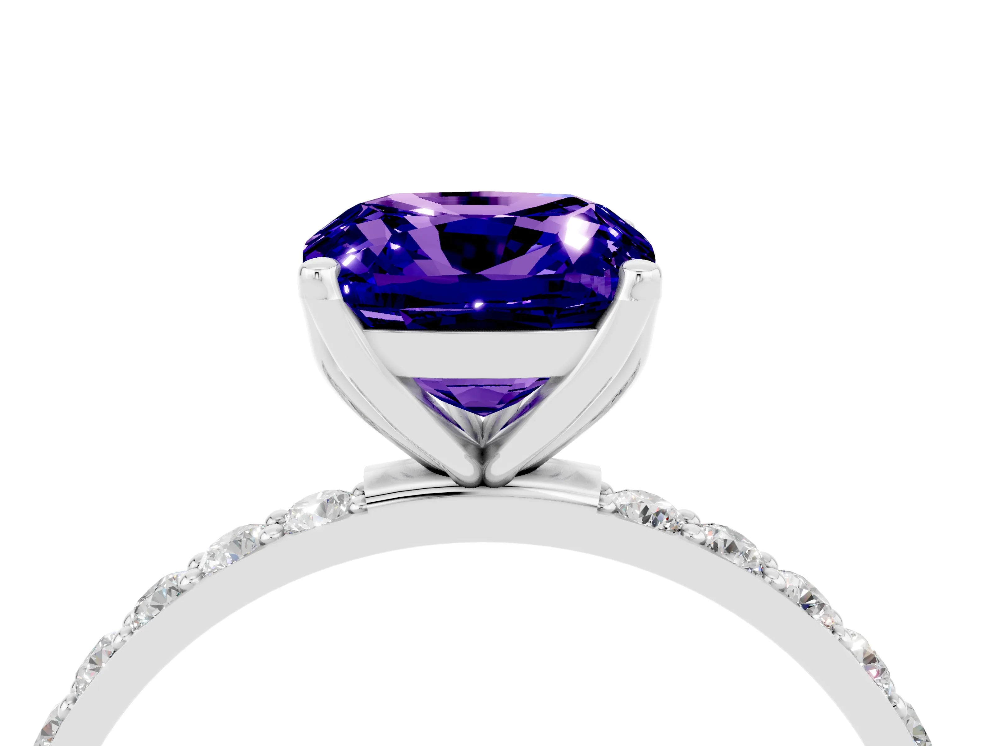 White gold Cushion Cut Tanzanite Solitaire Engagement Ring with Pavé Band and Prong Setting_4