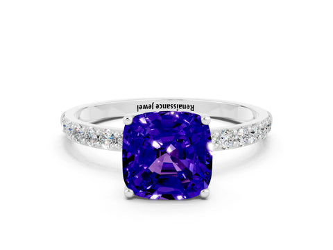 White gold Cushion Cut Tanzanite Solitaire Engagement Ring with Pavé Band and Prong Setting