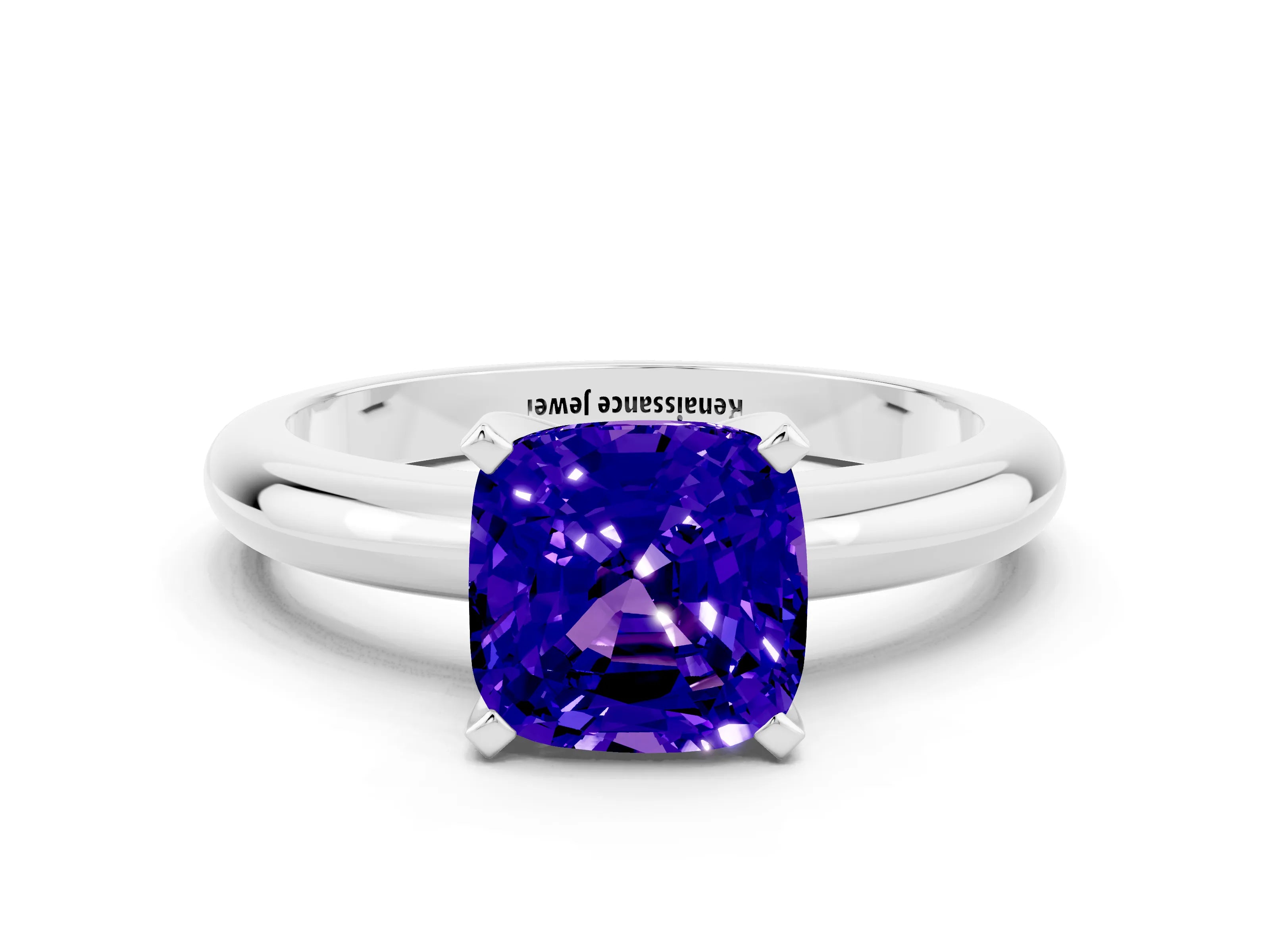 White gold Cushion Cut Tanzanite Solitaire Engagement Ring with Round Band and Four-Prong Setting