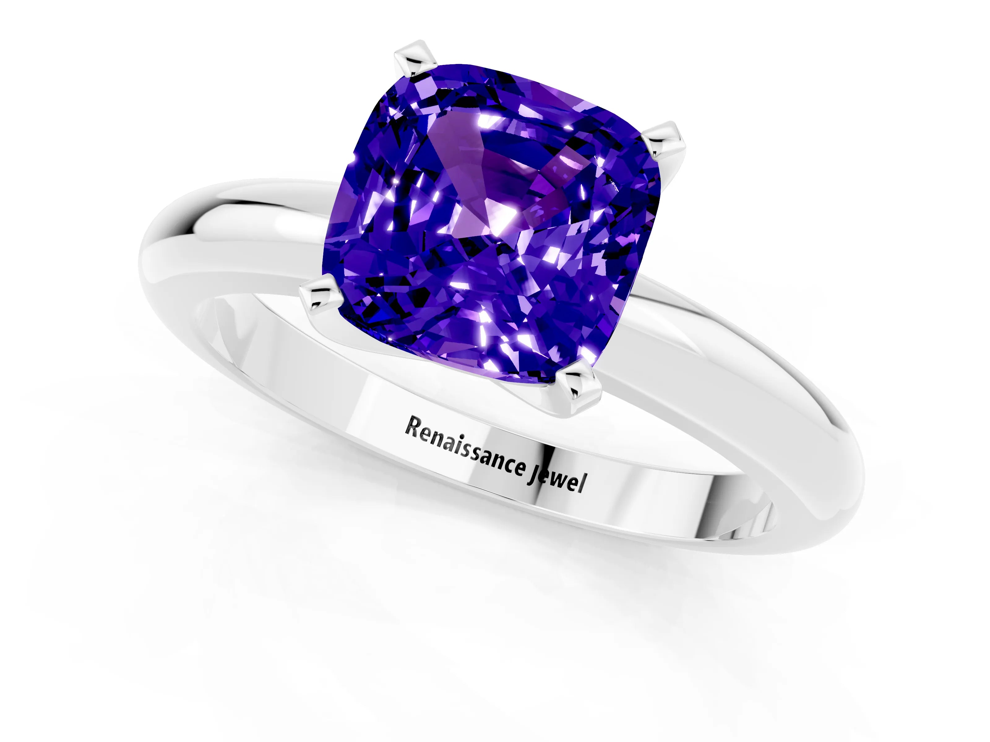 White gold Cushion Cut Tanzanite Solitaire Engagement Ring with Round Band and Four-Prong Setting_1