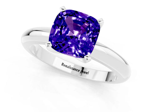 White gold Cushion Cut Tanzanite Solitaire Engagement Ring with Round Band and Four-Prong Setting_1