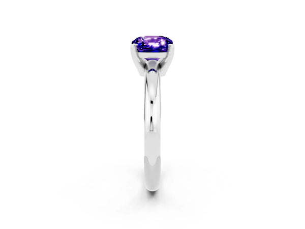 Silver Cushion Cut Tanzanite Solitaire Engagement Ring with Round Band and Four-Prong Setting