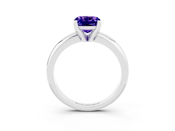Silver Cushion Cut Tanzanite Solitaire Engagement Ring with Round Band and Four-Prong Setting