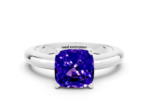White gold Cushion Cut Tanzanite Solitaire Engagement Ring with Round Band and Four-Prong Setting