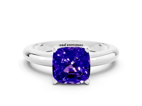 White gold Cushion Cut Tanzanite Solitaire Engagement Ring with Round Band and Four-Prong Setting