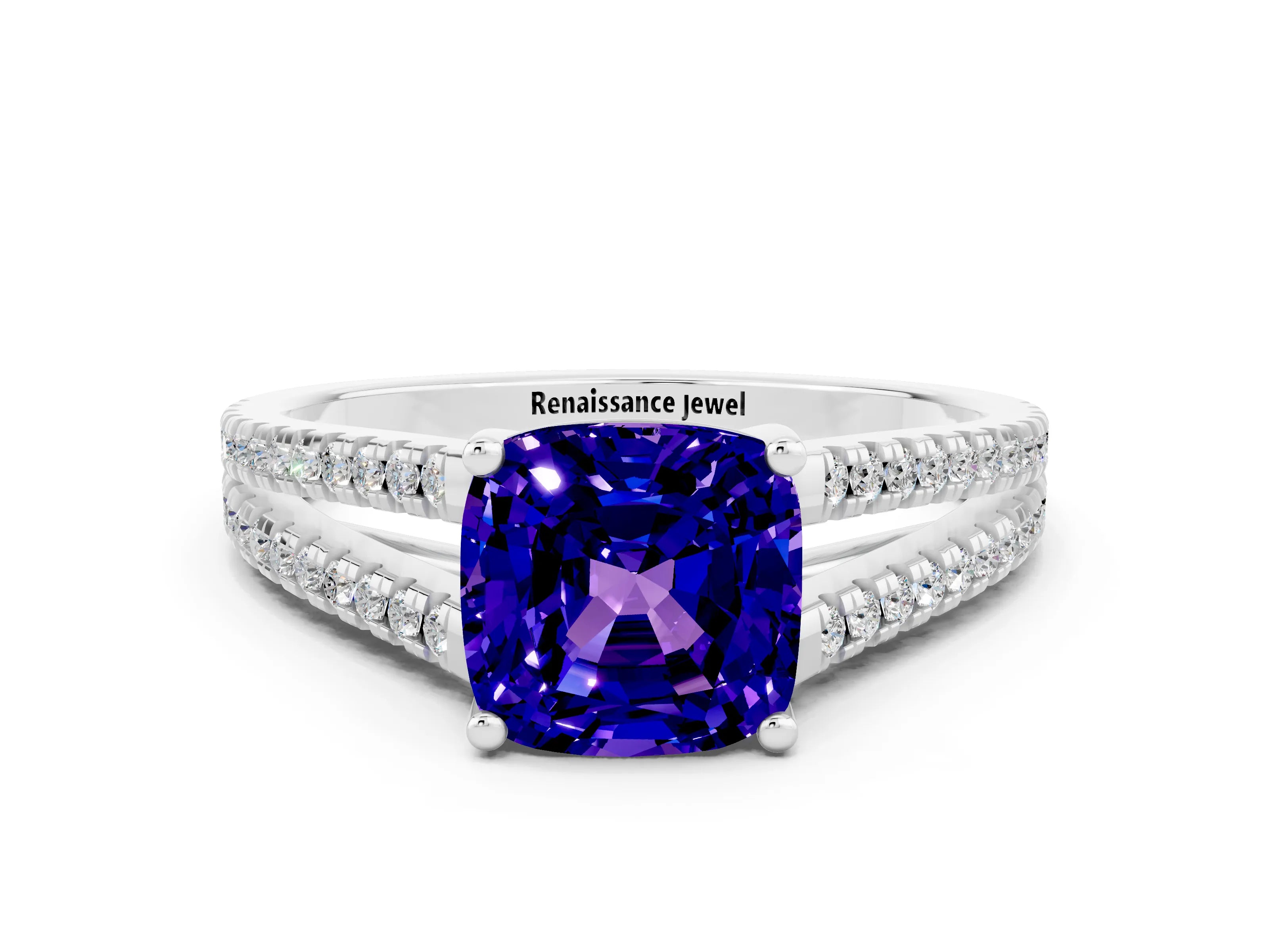White gold Cushion Cut Tanzanite Solitaire Engagement Ring with Split Shank Pavé Band