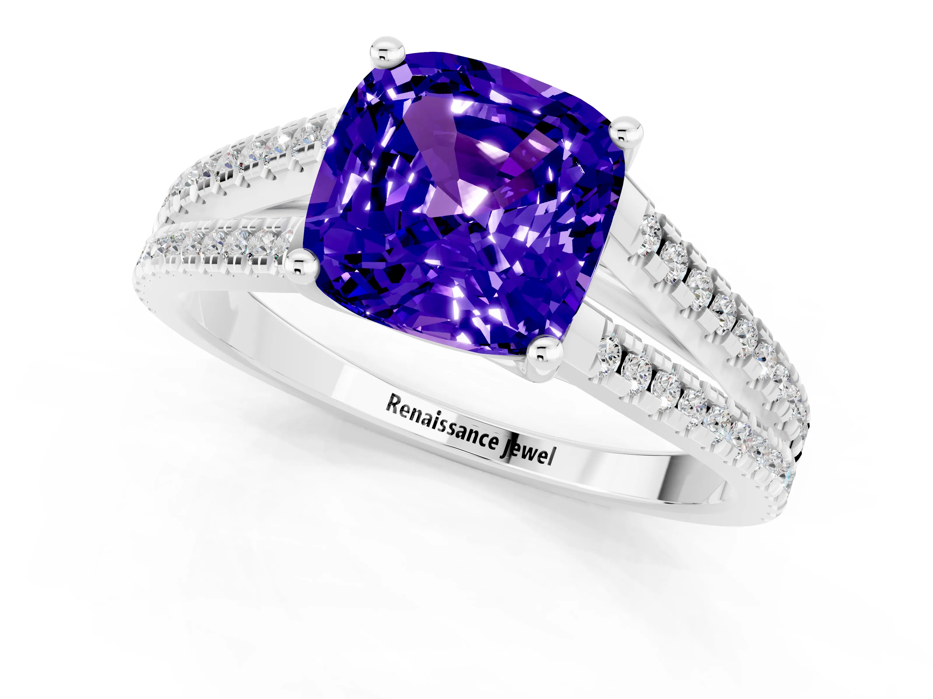 White gold Cushion Cut Tanzanite Solitaire Engagement Ring with Split Shank Pavé Band_1