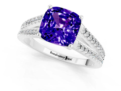 White gold Cushion Cut Tanzanite Solitaire Engagement Ring with Split Shank Pavé Band_1