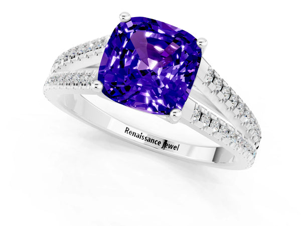 Silver Cushion Cut Tanzanite Solitaire Engagement Ring with Split Shank Pavé Band