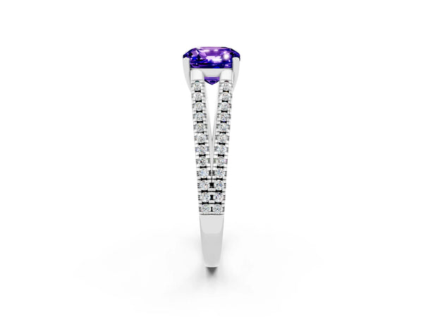 Platinum Cushion Cut Tanzanite Solitaire Engagement Ring with Split Shank Pavé Band