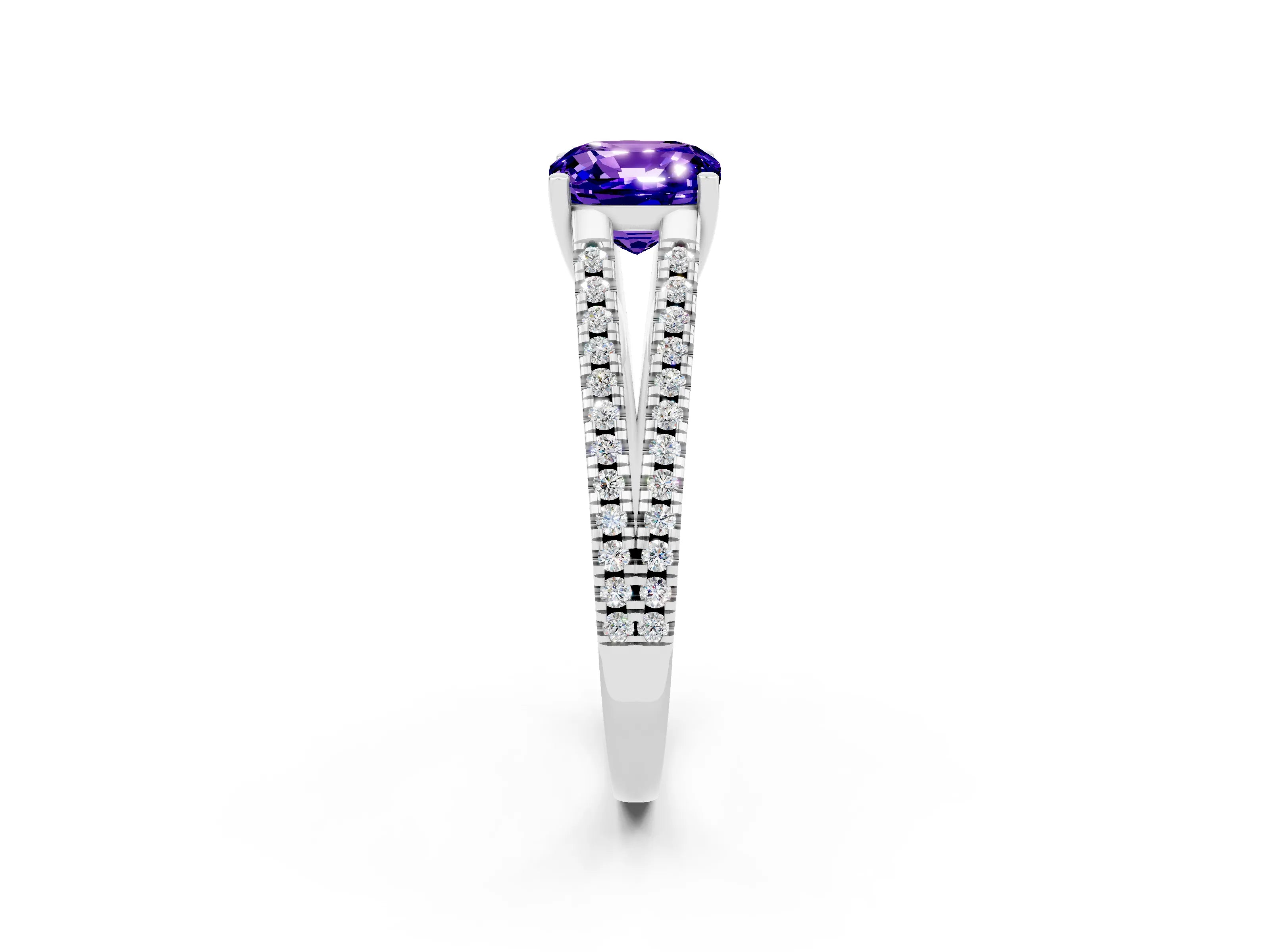 White gold Cushion Cut Tanzanite Solitaire Engagement Ring with Split Shank Pavé Band_2