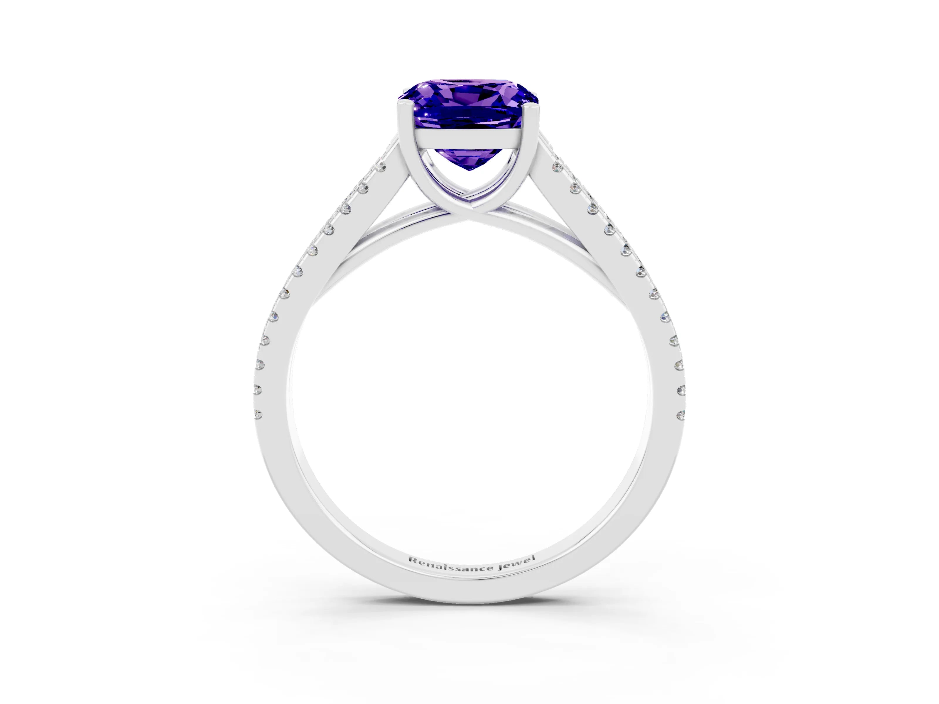 White gold Cushion Cut Tanzanite Solitaire Engagement Ring with Split Shank Pavé Band_3