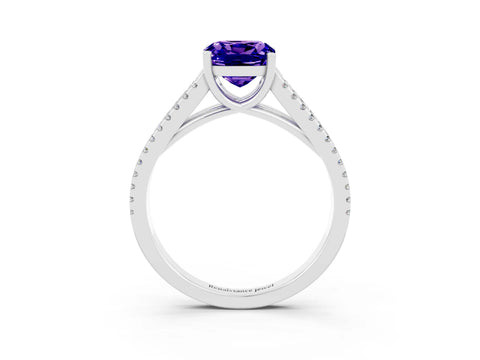 White gold Cushion Cut Tanzanite Solitaire Engagement Ring with Split Shank Pavé Band_3