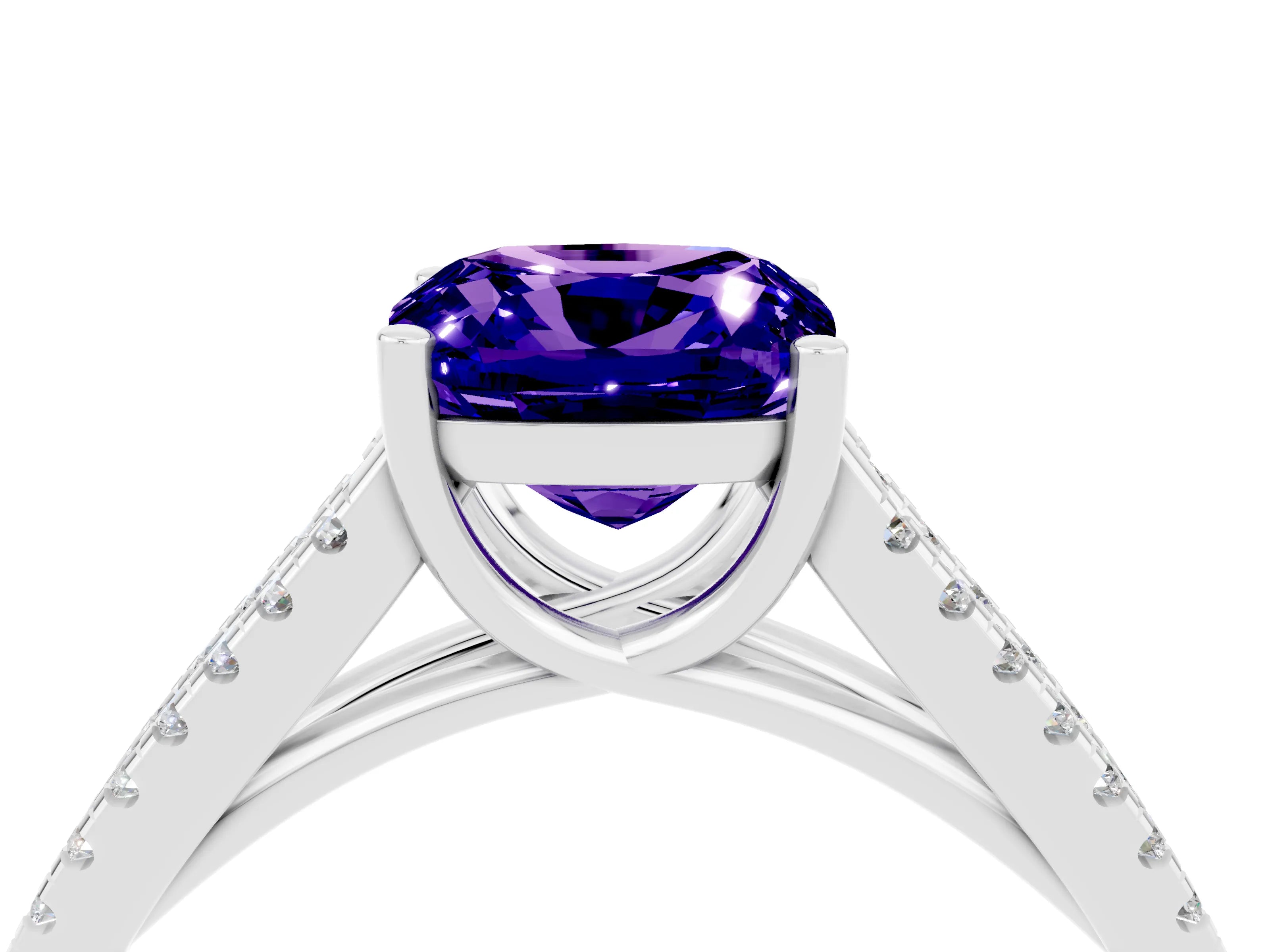 White gold Cushion Cut Tanzanite Solitaire Engagement Ring with Split Shank Pavé Band_4