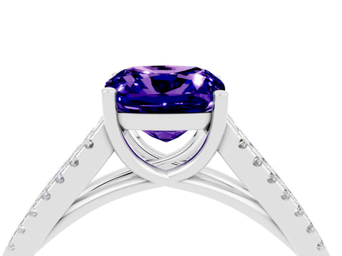 White gold Cushion Cut Tanzanite Solitaire Engagement Ring with Split Shank Pavé Band_4