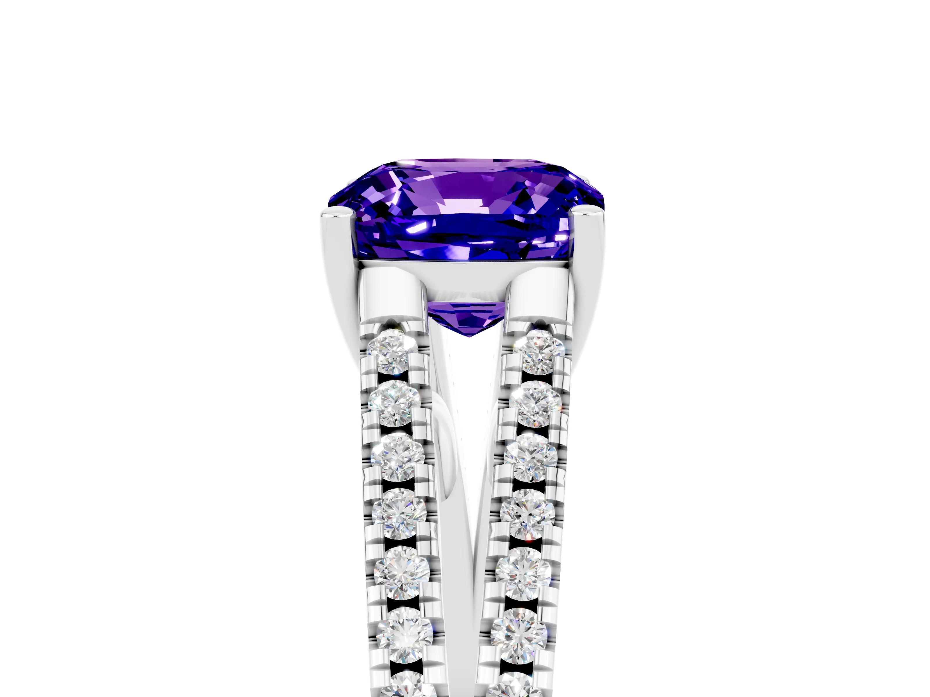 White gold Cushion Cut Tanzanite Solitaire Engagement Ring with Split Shank Pavé Band_5