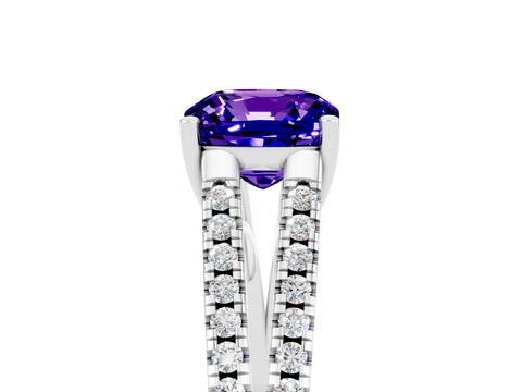 White gold Cushion Cut Tanzanite Solitaire Engagement Ring with Split Shank Pavé Band_5