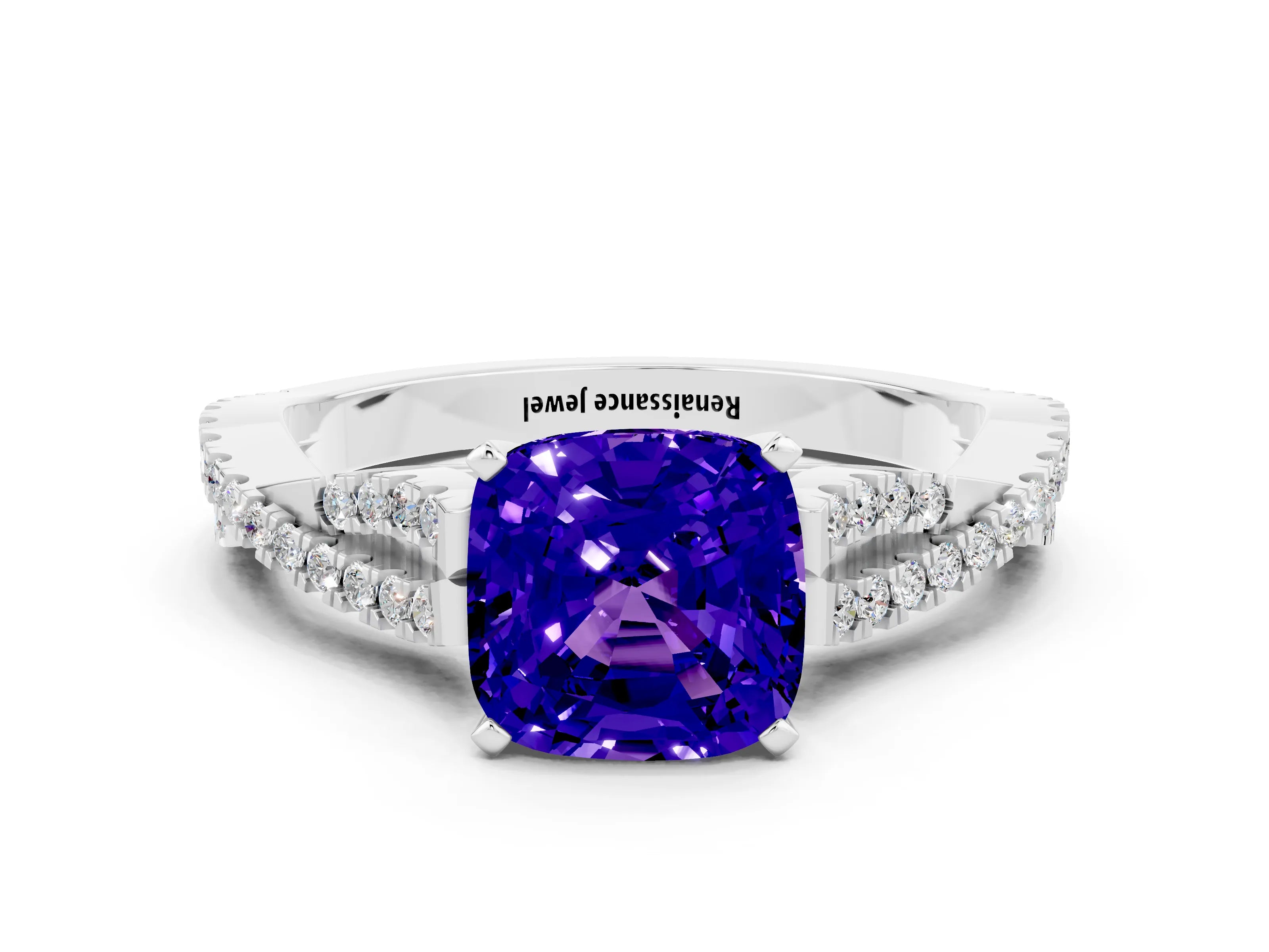 White gold Cushion Cut Tanzanite Solitaire Engagement Ring with Twisted Pavé Band and Four-Prong Setting_12