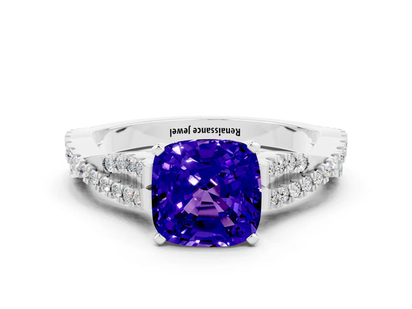 White gold Cushion Cut Tanzanite Solitaire Engagement Ring with Twisted Pavé Band and Four-Prong Setting
