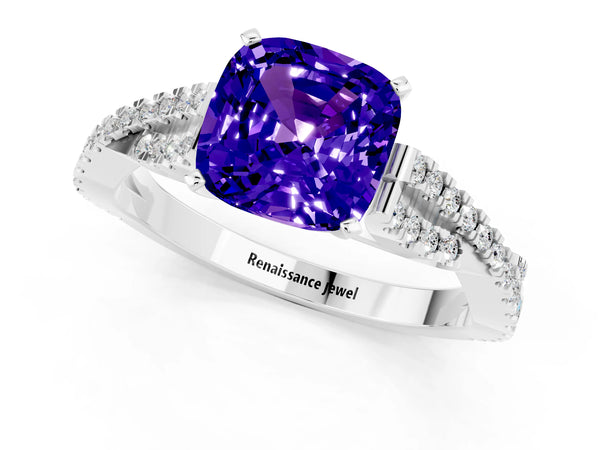 Platinum Cushion Cut Tanzanite Solitaire Engagement Ring with Twisted Pavé Band and Four-Prong Setting