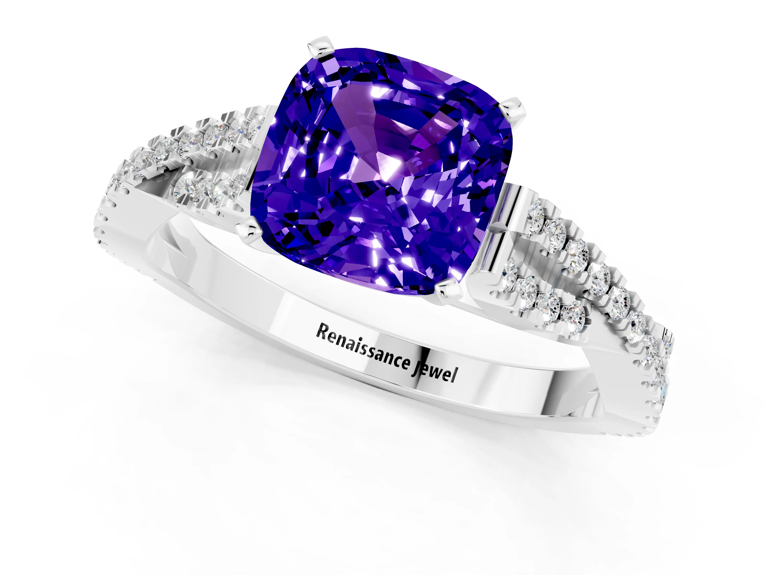 White gold Cushion Cut Tanzanite Solitaire Engagement Ring with Twisted Pavé Band and Four-Prong Setting_13