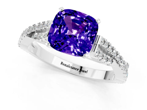 White gold Cushion Cut Tanzanite Solitaire Engagement Ring with Twisted Pavé Band and Four-Prong Setting_13