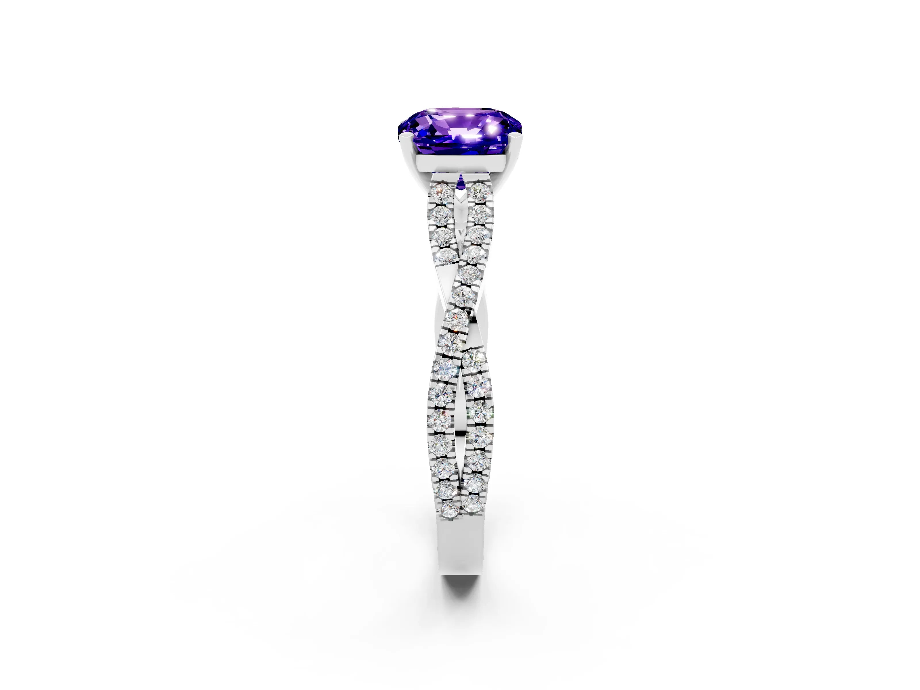 White gold Cushion Cut Tanzanite Solitaire Engagement Ring with Twisted Pavé Band and Four-Prong Setting_14