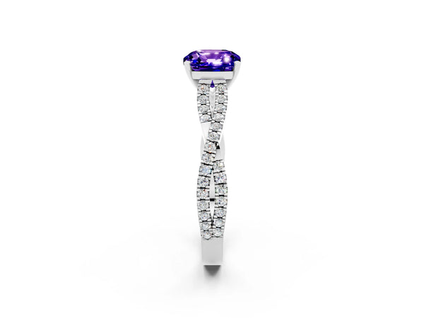 Silver Cushion Cut Tanzanite Solitaire Engagement Ring with Twisted Pavé Band and Four-Prong Setting