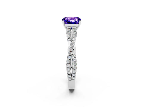 White gold Cushion Cut Tanzanite Solitaire Engagement Ring with Twisted Pavé Band and Four-Prong Setting_14
