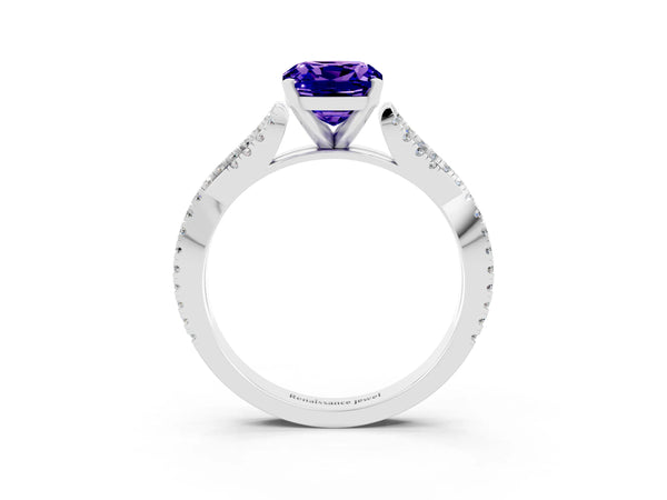 Platinum Cushion Cut Tanzanite Solitaire Engagement Ring with Twisted Pavé Band and Four-Prong Setting