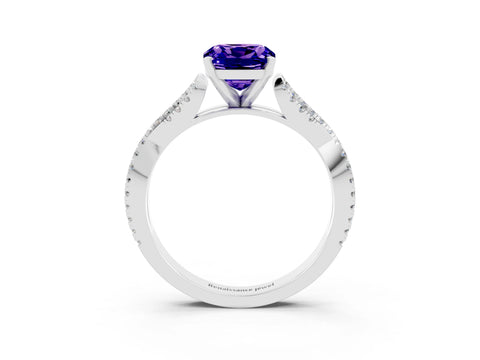 White gold Cushion Cut Tanzanite Solitaire Engagement Ring with Twisted Pavé Band and Four-Prong Setting_15