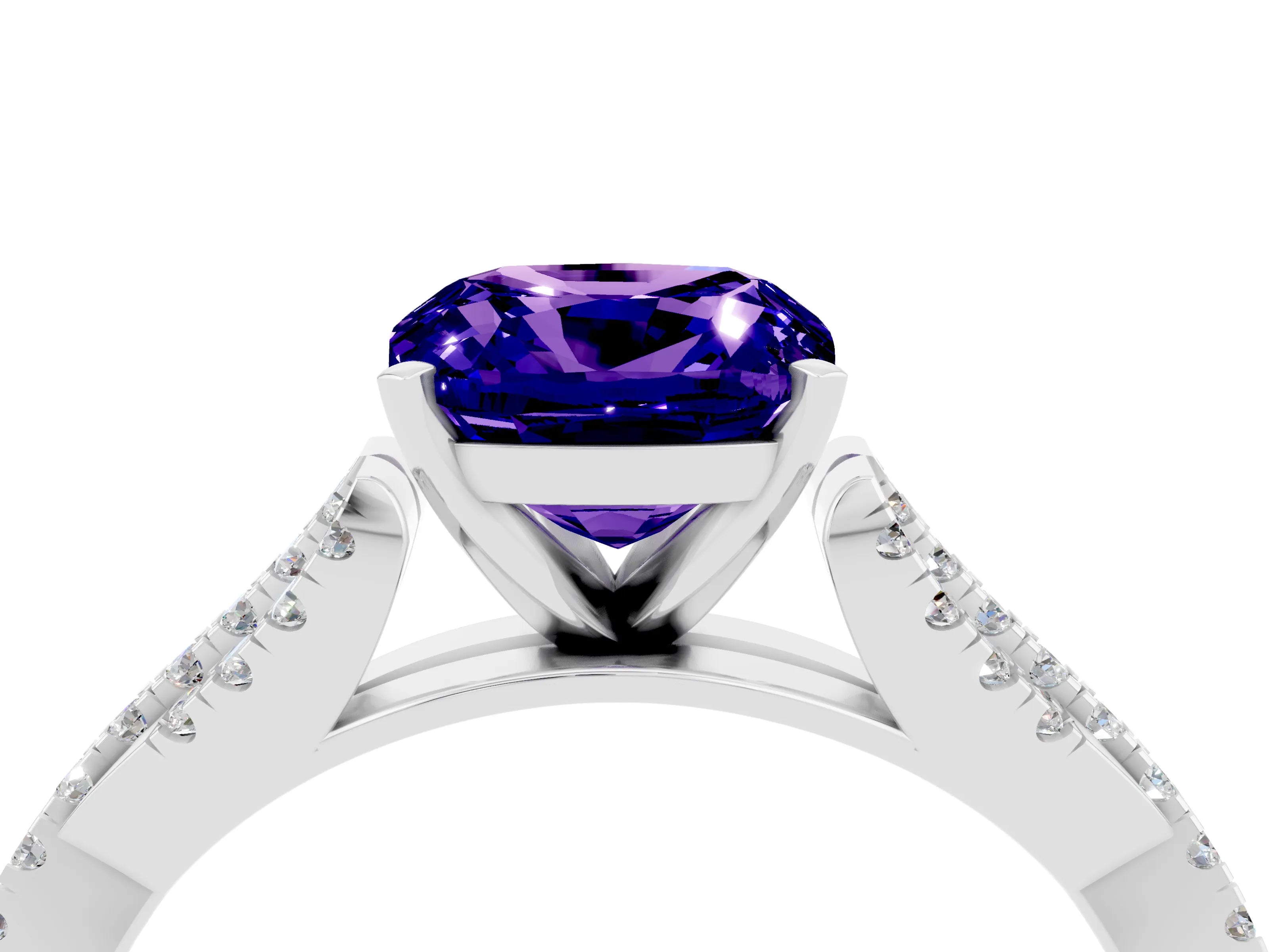 White gold Cushion Cut Tanzanite Solitaire Engagement Ring with Twisted Pavé Band and Four-Prong Setting_16