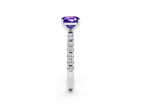 White gold Cushion Cut Tanzanite Solitaire Pavé Band with Four-Prong Setting