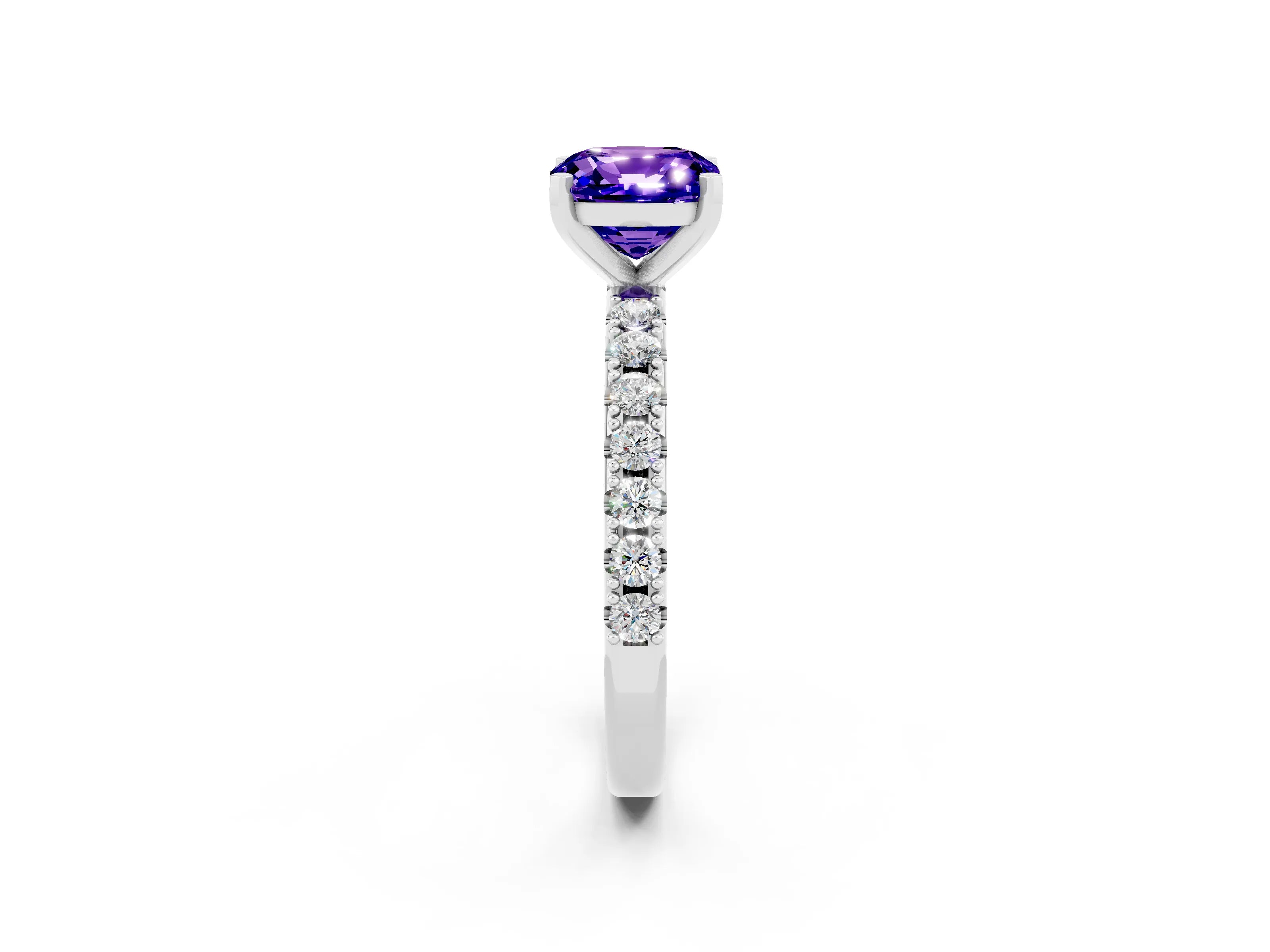 White gold Cushion Cut Tanzanite Solitaire Pavé Band with Four-Prong Setting_2
